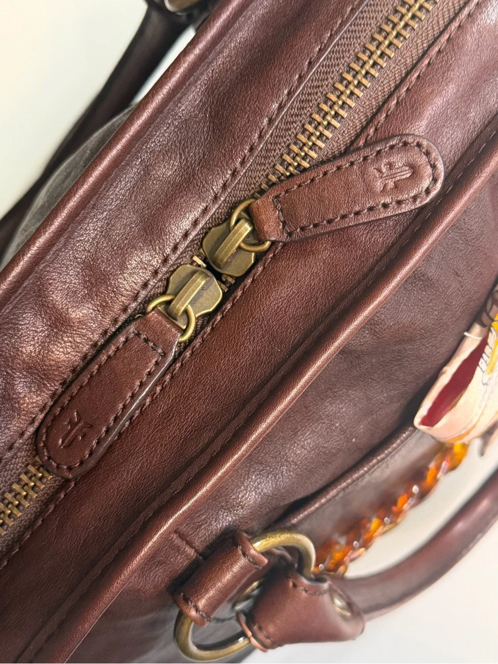 Frye Melissa Domed Satchel Dark Brown Leather with Red Accent Scarf & Charms